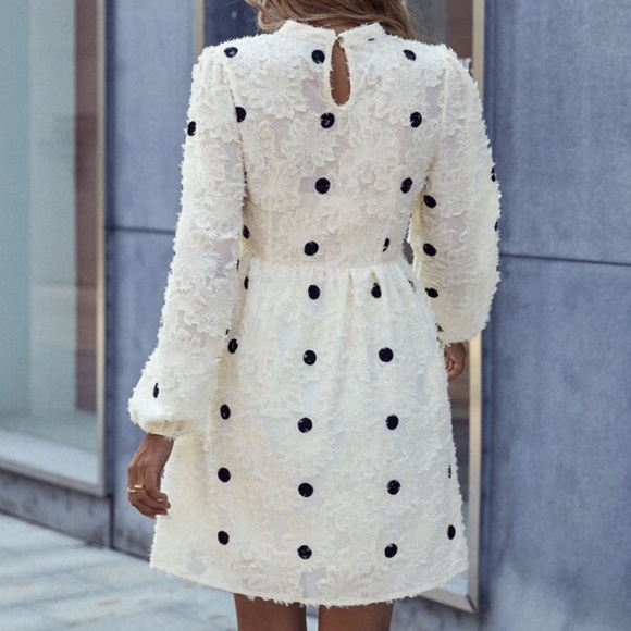 Boho Cream Fuzzy Floral Polka Dot Sheer Sleeve Mini Dress - Picture 3 of 5